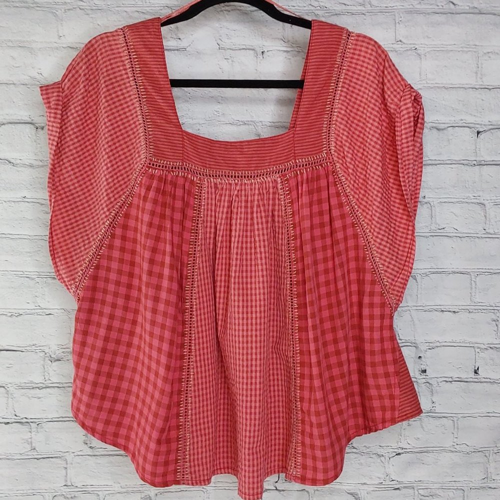 'FREE PEOPLE' 'BEĹĹA' EMBROIDED SQUARE-NECK PEASANT TOP FLUTTER-SLEEVE GINGHAM - Picture 2 of 16